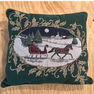VTG Holiday Tapestry Christmas Horse Sleigh Scene Decorative Throw Pillow 16x16